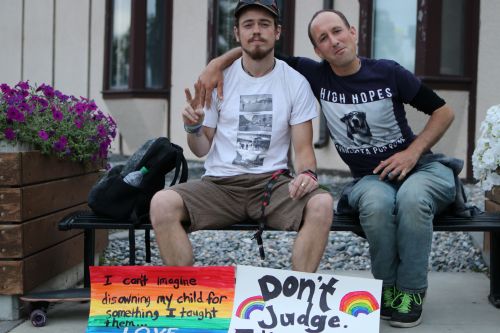 Peacekeepers Jameson Dargen and Dustin Wilkinson at All Ages Drag Show for Pride Week - photograph by C.S. Hagen