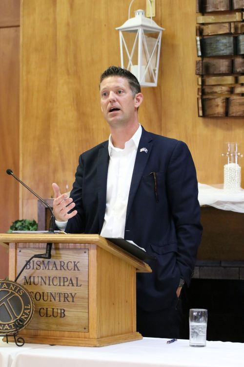 State auditor Josh Gallion speaking at a Kiwanis Club luncheon in Bismarck - photograph by C.S. Hagen