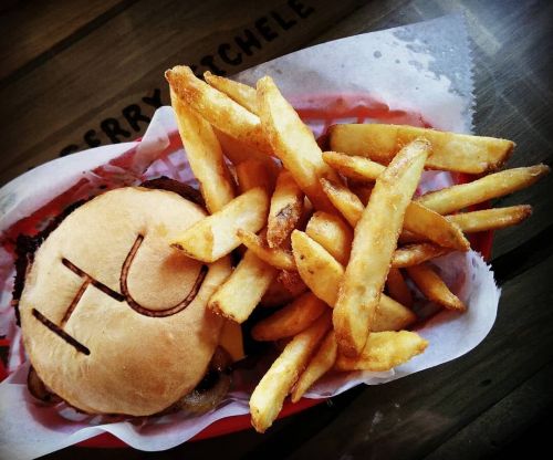 A brat burger at Harvester's cafe in Pettibone, North Dakota - photograph by Sabrina Hornung