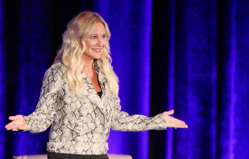 North Dakota's First Lady Kathryn Helgaas Burgum talking about her experiences with addiction at the Women Connect conference - photograph by C.S. Hagen