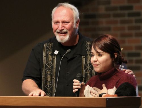 Two people targetted for death, Dennis Kooren and Kurdish American Varseen Khalil  speaking about their experiences - photograph by C.S. Hagen