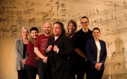 From left: Linda Boyd, Chelsea Pace, Brad Delzer, Dayna Del Val, Jay Nelson (as Beethoven), Colin Holter, Carrie Wintersteen. / Photo by Abigail Redfern