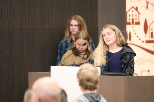 Amelia Demarest, 15, speaks before the city and residents on declaring a climate emergency - photograph by C.S. Hagen