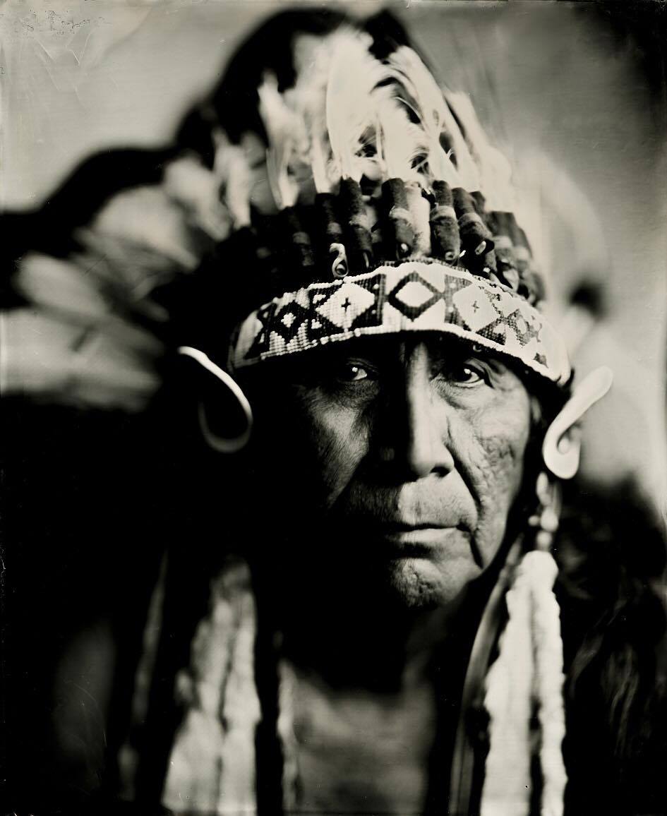 Arvol Looking Horse, chief of the Great Sioux Nation, 19th generation holder of the Sacred White Buffalo Calf Pipe, April 9, 2017 - wet plate taken by Shane Balkowitsch