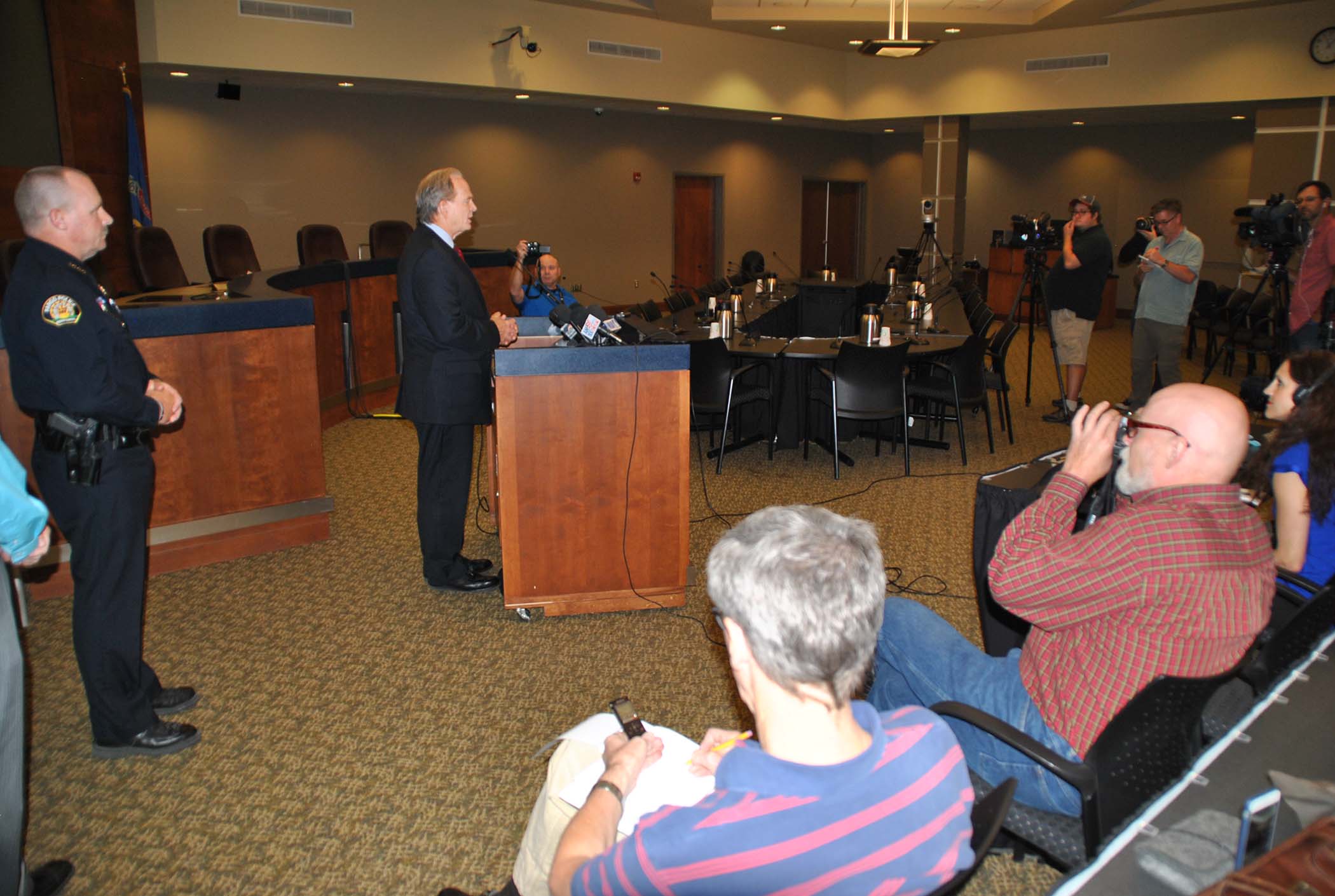 Cass County State's Attorney Birch Burdick at press conference - photo by C.S. Hagen