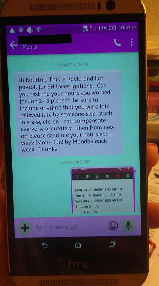 Message from EH Investigations on Kourtni Dockter's phone - photo provided by Kourtni Dockter