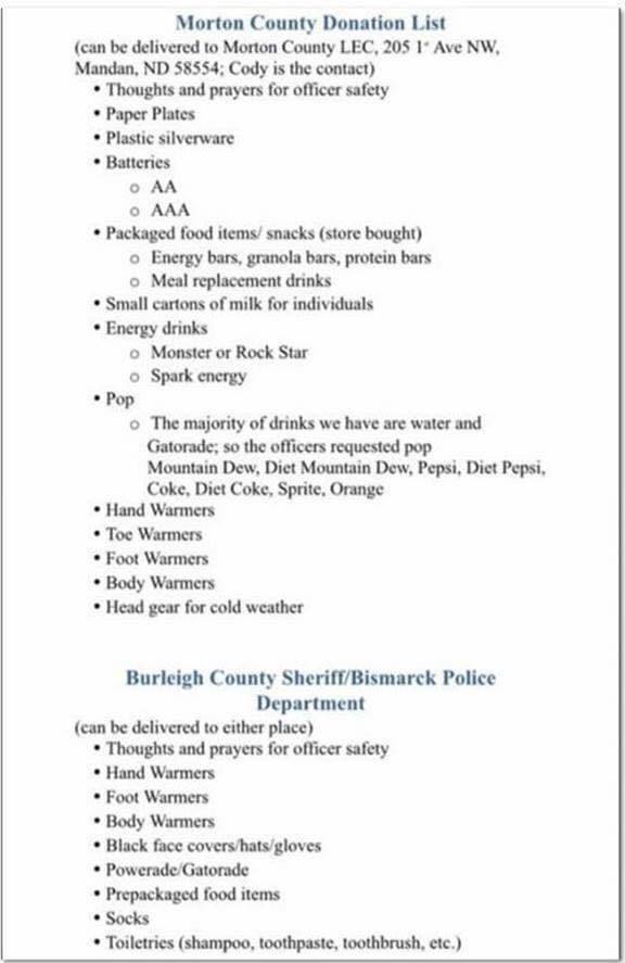 Morton County Sheriff's Department winter donation list