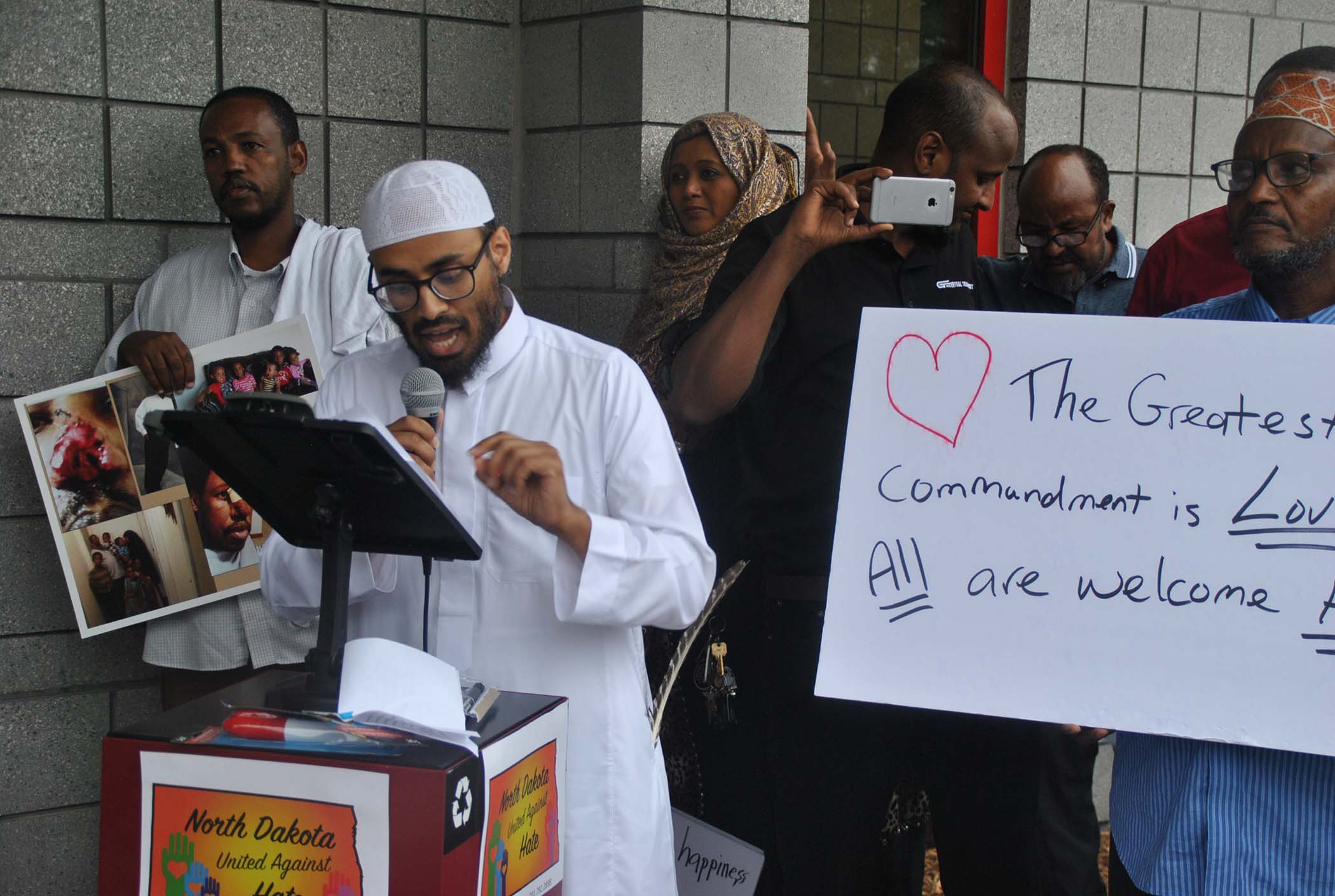 Musa B Bajaber  speaking at the North Dakota United Against Hate rally - photo by C.S. Hagen