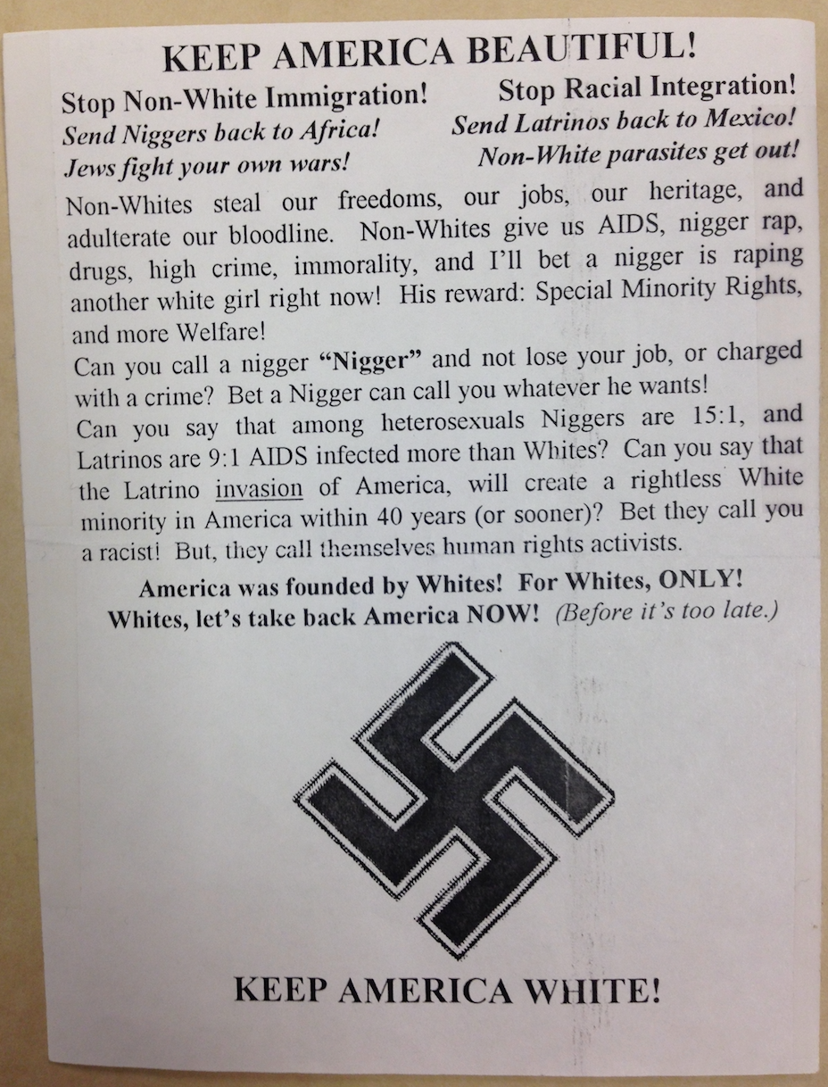 Nazi pamphlet found at Hjemkopst Center