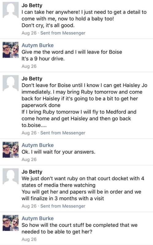 Screenshot of conversation between Betty Jo Krenz, sometimes known as Jo Betty, and Autym Burke on August 26, 2017 - Facebook post