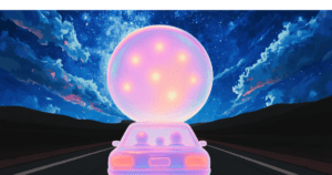 Glowing pink car driving toward giant luminous orb at night-primetime
