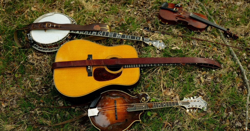 A banjo, acoustic guitar, mandolin and fiddle laid out together on grass.