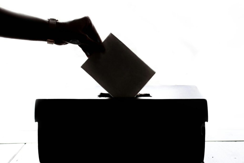 Silhouette of a hand dropping a ballot into a ballot box against a white background.