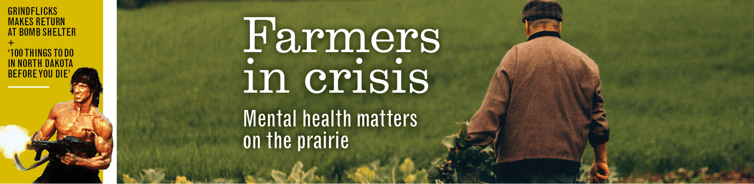 Farmer walking through field, mental health crisis headline
